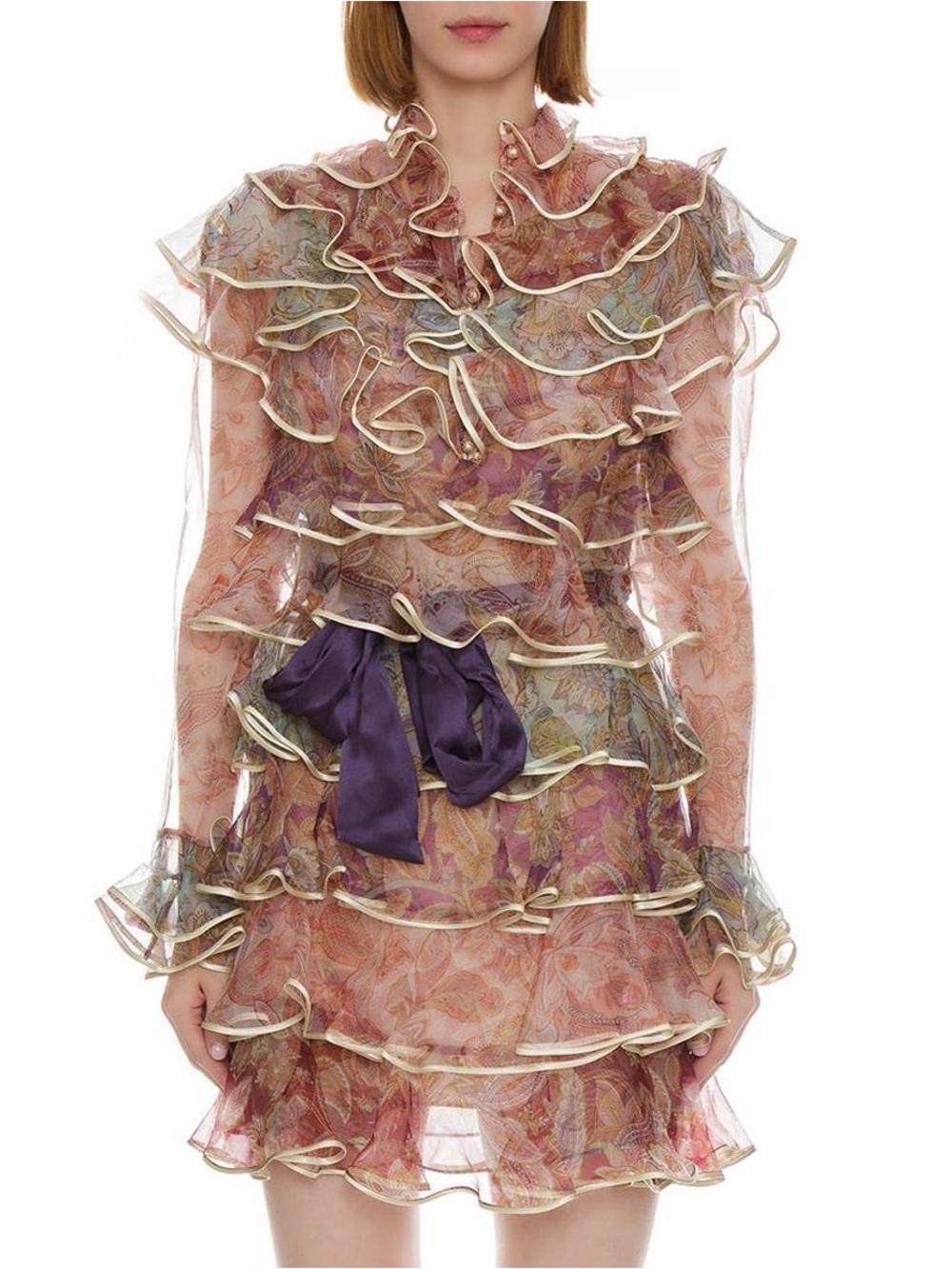 Zimmermann Lucky Tiered Mini Dress – Spliced Paisley Silk Organza Ruffle Dress